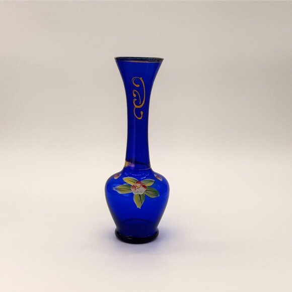 Vintage Bohemian Cobalt Blue Bud Vase Gold Gilt, Hand Painted 8" tall - Picture 3 of 11